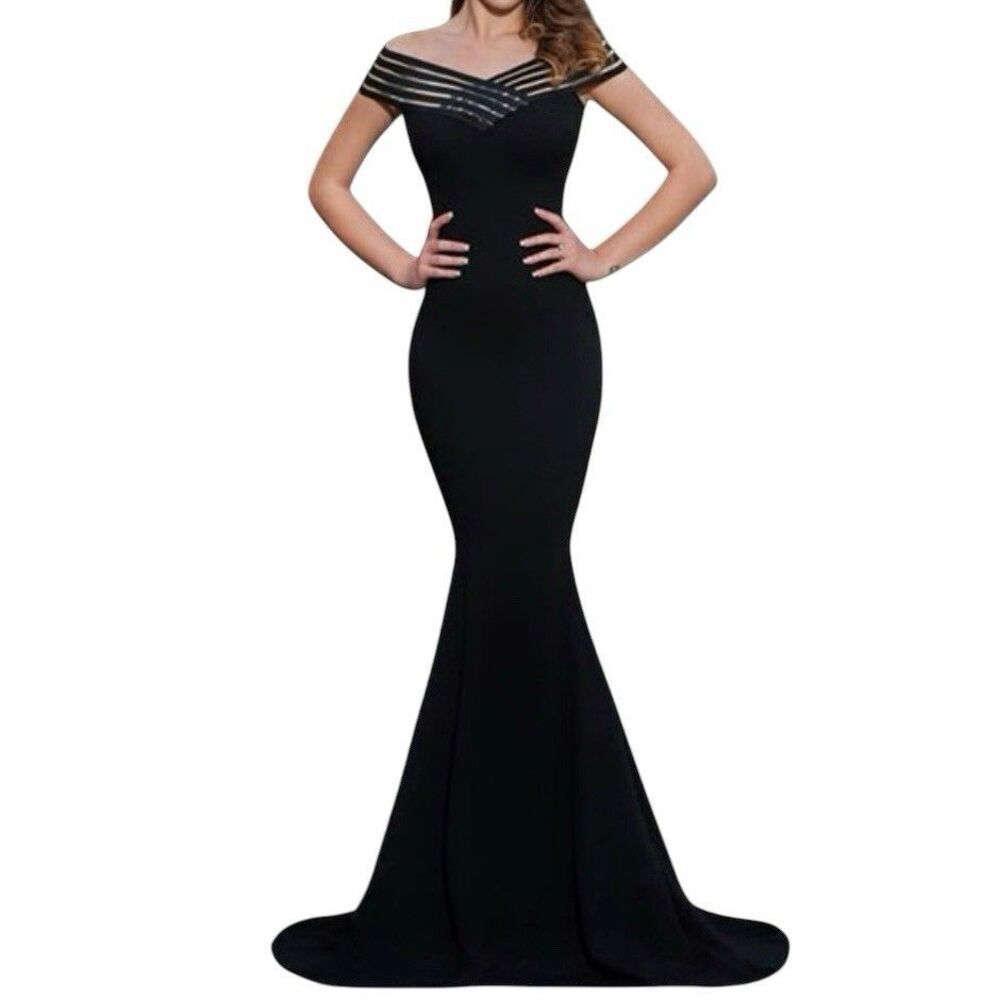 Classy Mermaid Dress Womens Large Black Off the Shoulder Gown Knit Formal Heaven